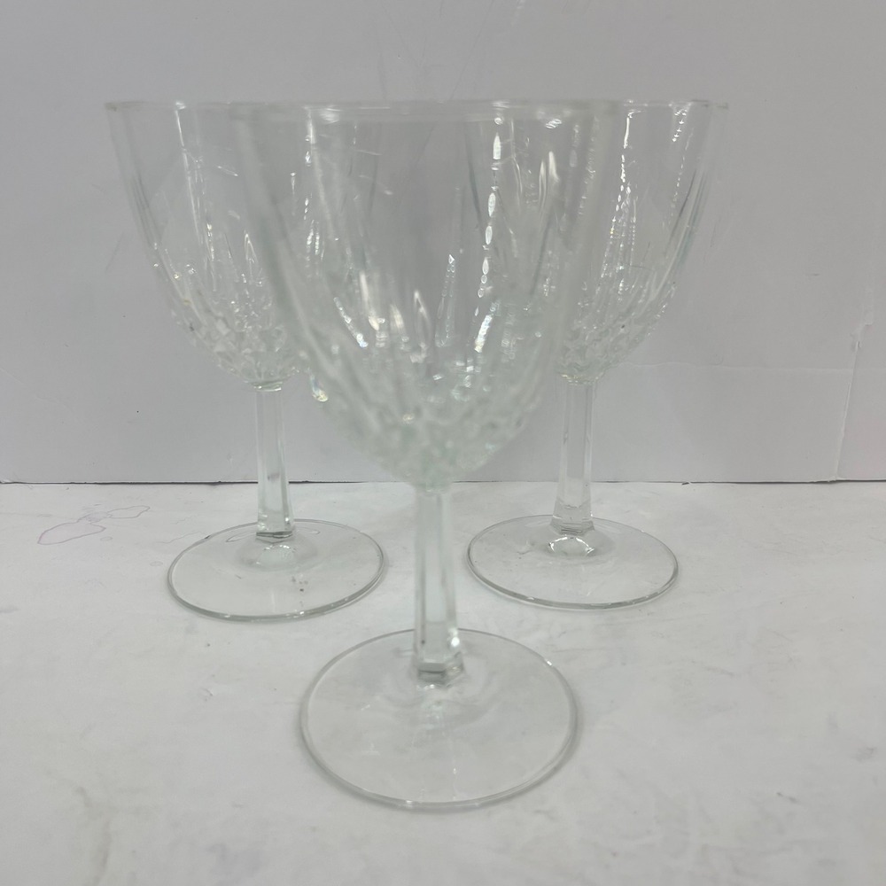 Vintage Crystal Wine Glasses Set of 3 Clear‎ Hexagonal Stem Diamond Cut 6in